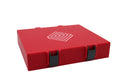 Red rectangular box with black straps on a white background