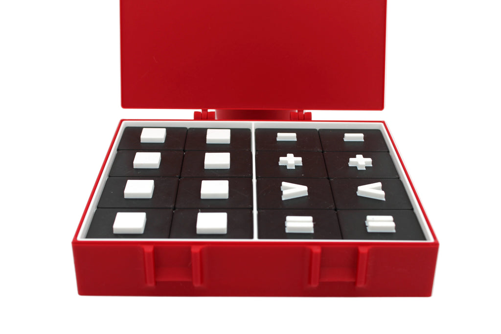 Red box with black interior holding white and black geometric blocks on a white background