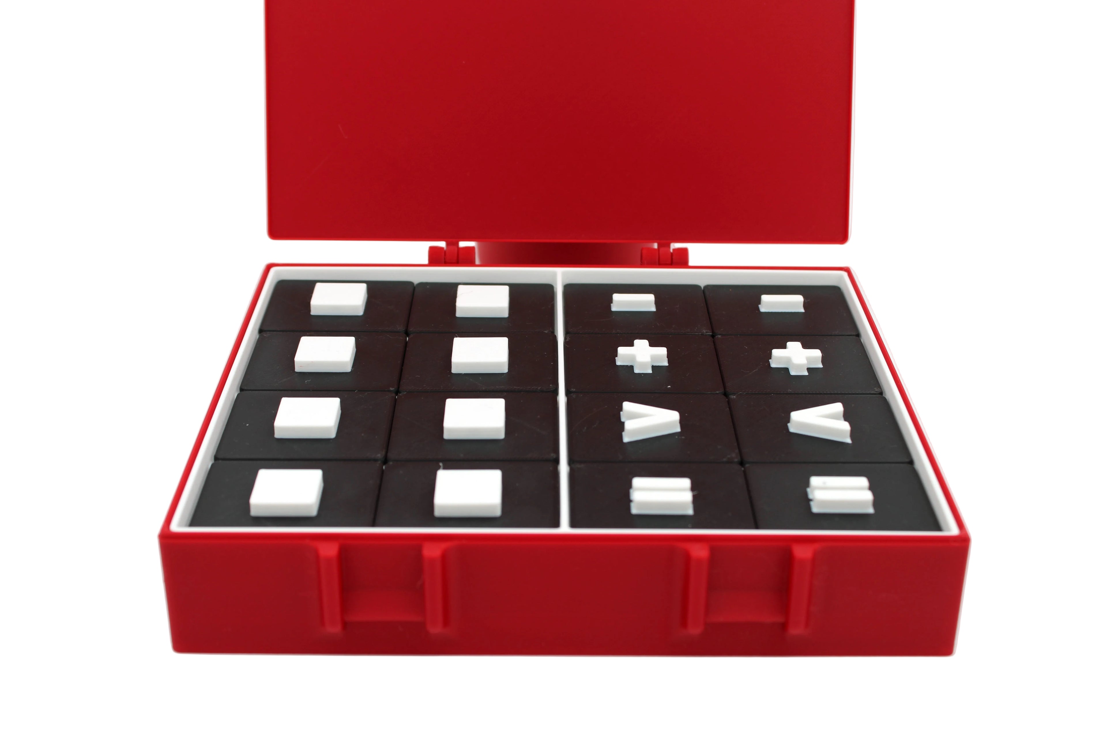 Red box with black interior holding white and black geometric blocks on a white background