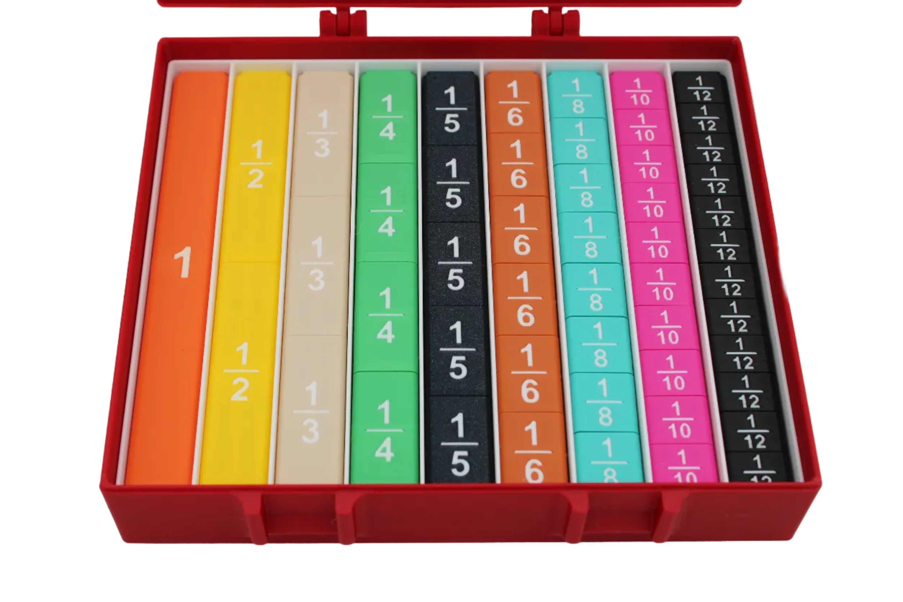 Set of colourful fraction strips in a red box on a white background